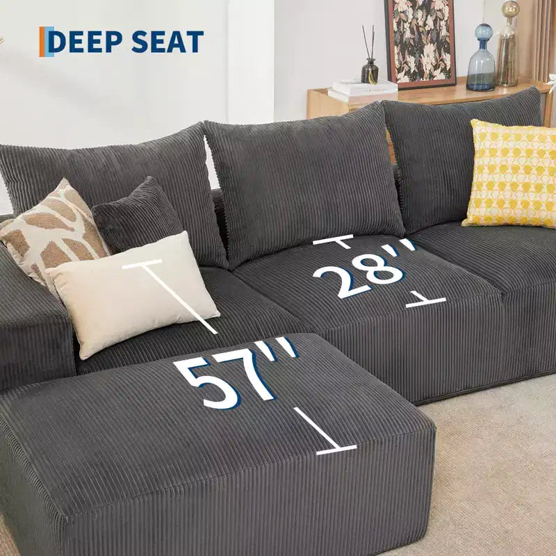 Divano componibile a L da 279 cm con chaise longue, divano profondo in ciniglia, nessun assemblaggio richiesto