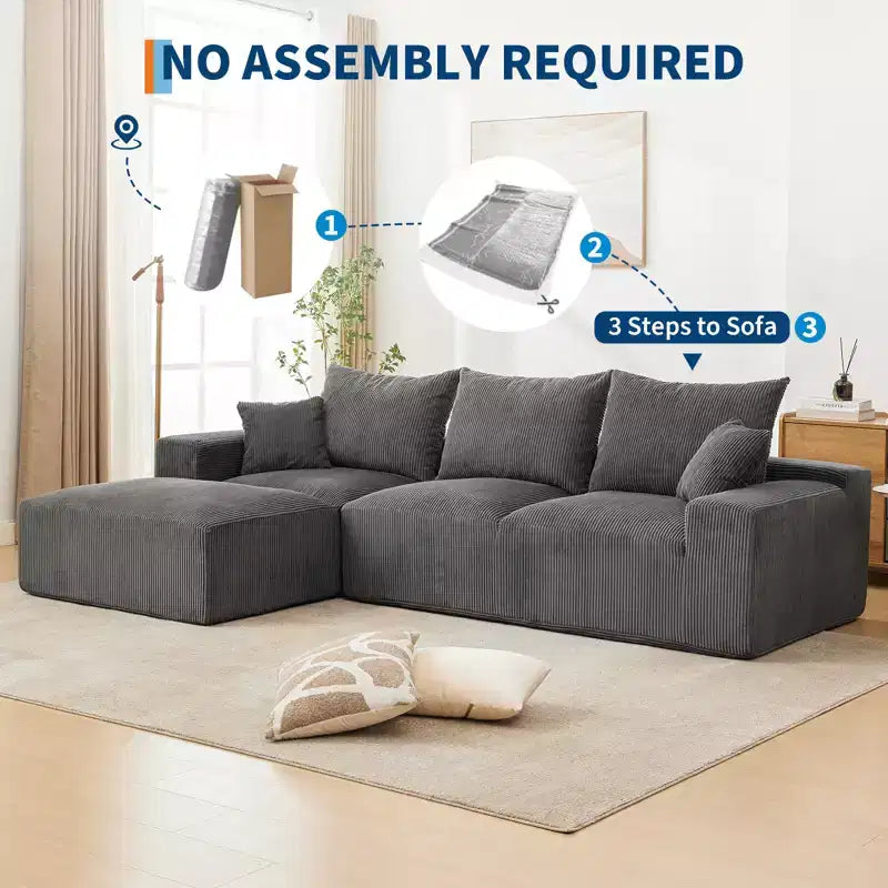 Divano componibile a L da 279 cm con chaise longue, divano profondo in ciniglia, nessun assemblaggio richiesto