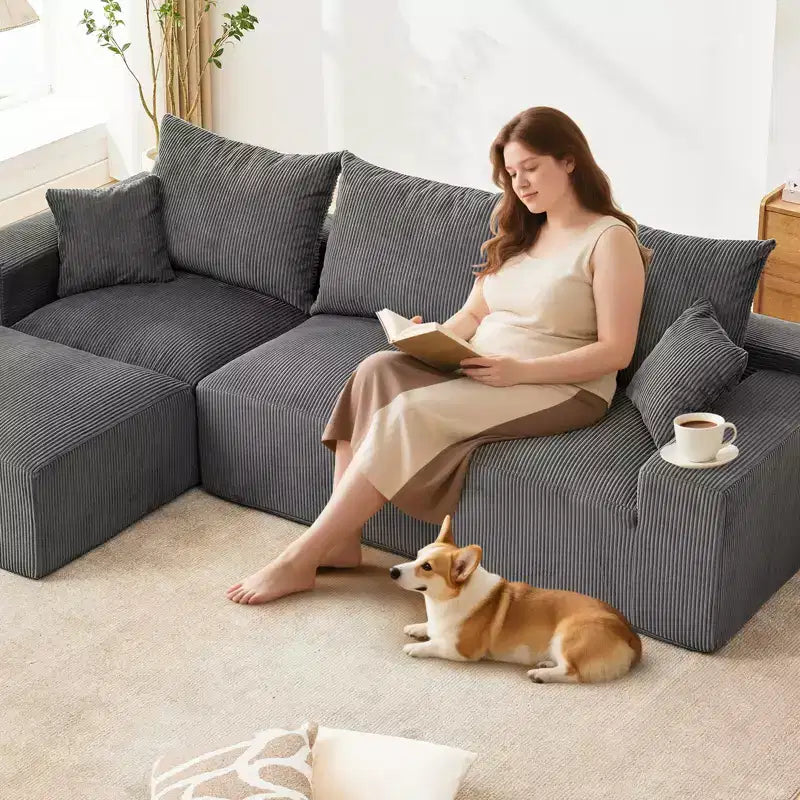 Divano componibile a L da 279 cm con chaise longue, divano profondo in ciniglia, nessun assemblaggio richiesto