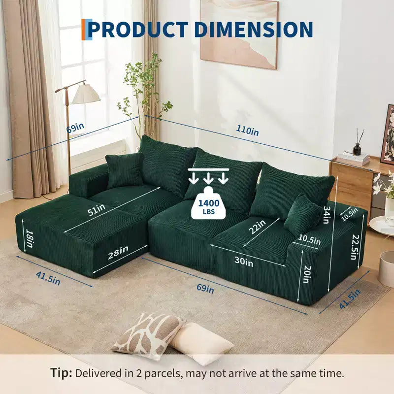 Divano componibile a L da 279 cm con chaise longue, divano profondo in ciniglia, nessun assemblaggio richiesto