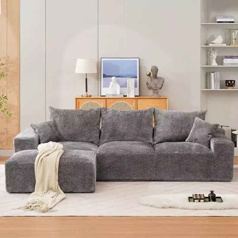 Divano componibile a L da 279 cm con chaise longue, divano profondo in ciniglia, nessun assemblaggio richiesto