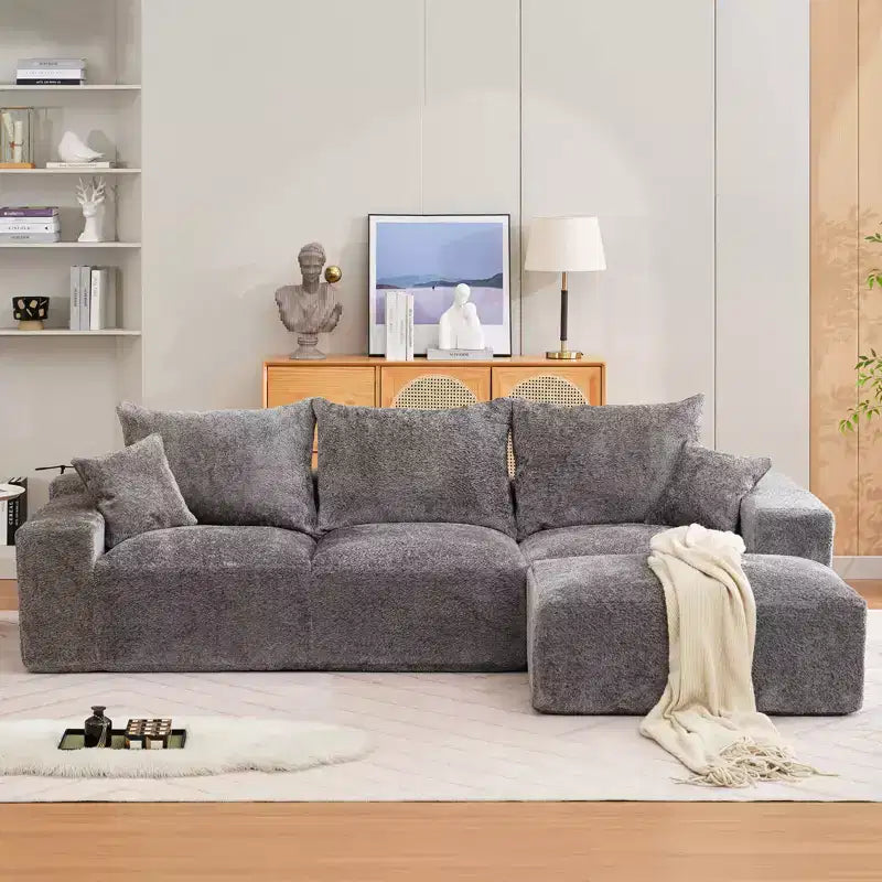 Divano componibile a L da 279 cm con chaise longue, divano profondo in ciniglia, nessun assemblaggio richiesto