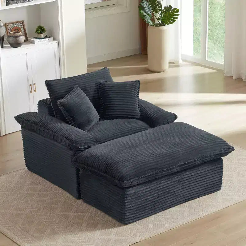 Divano singolo moderno imbottito in velluto a coste da 55 pollici con cuscini e poggiapiedi per soggiorno, camera da letto, appartamento, ufficio, grigio scuro