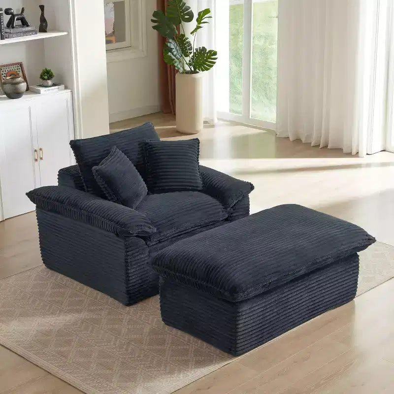 Divano singolo moderno imbottito in velluto a coste da 55 pollici con cuscini e poggiapiedi per soggiorno, camera da letto, appartamento, ufficio, grigio scuro