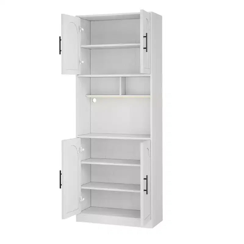 Dispensa da Cucina Alta 71" con Ripiano per Microonde, Luce LED, Anta e Ripiani Regolabili, Credenza Contenitore per Sala da Pranzo o Soggiorno