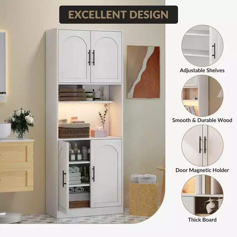 Dispensa da Cucina Alta 71" con Ripiano per Microonde, Luce LED, Anta e Ripiani Regolabili, Credenza Contenitore per Sala da Pranzo o Soggiorno