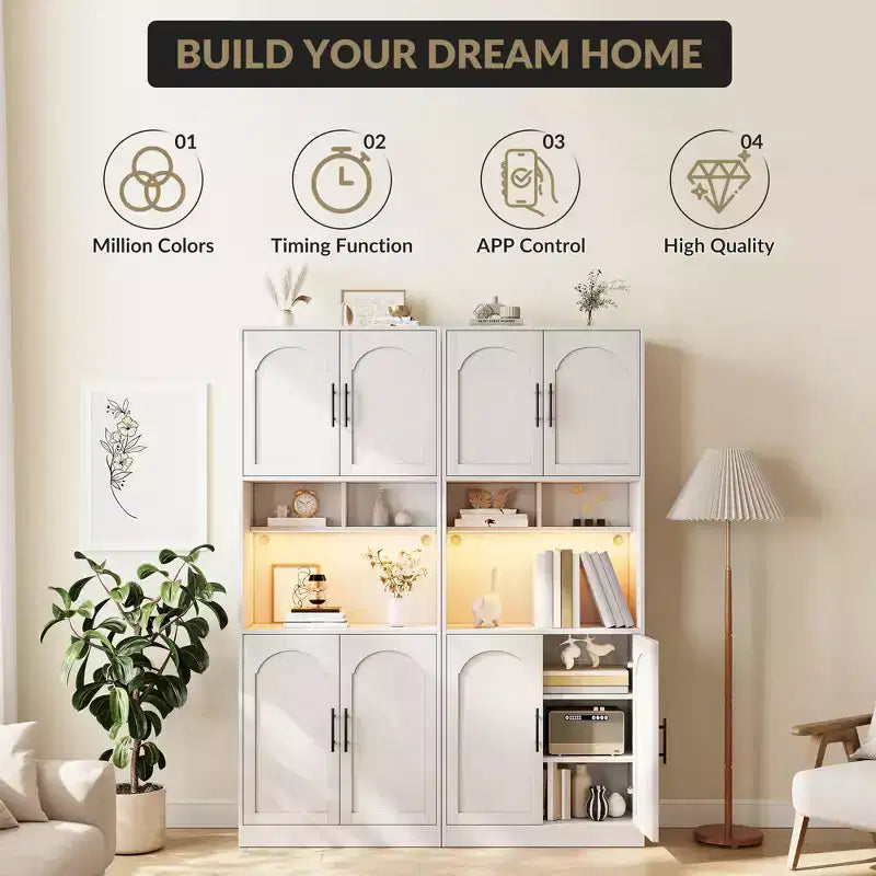 Dispensa da Cucina Alta 71" con Ripiano per Microonde, Luce LED, Anta e Ripiani Regolabili, Credenza Contenitore per Sala da Pranzo o Soggiorno
