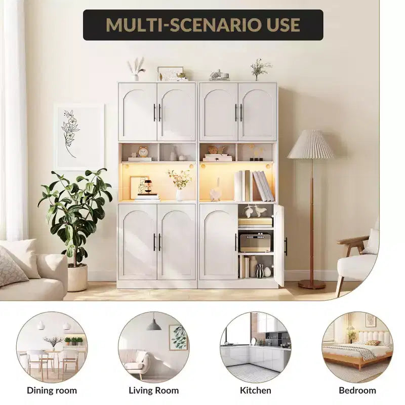 Dispensa da Cucina Alta 71" con Ripiano per Microonde, Luce LED, Anta e Ripiani Regolabili, Credenza Contenitore per Sala da Pranzo o Soggiorno