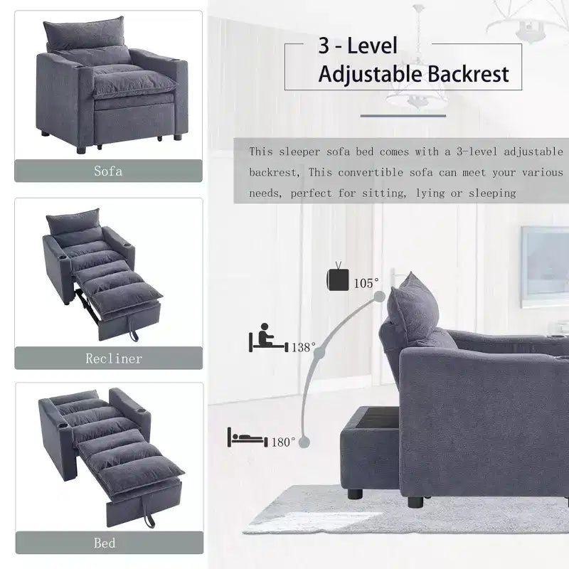 Divano poltrona convertibile 3 in 1 in velluto GDFStudio Clermont con schienale regolabile