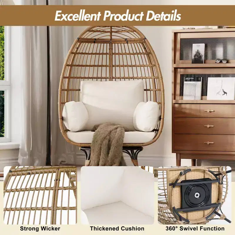 Poltrona a uovo girevole a 360° extra large - Poltrona lounge a forma di uovo in rattan girevole da esterno con struttura in acciaio e 4 cuscini per patio, soggiorno e altro ancora