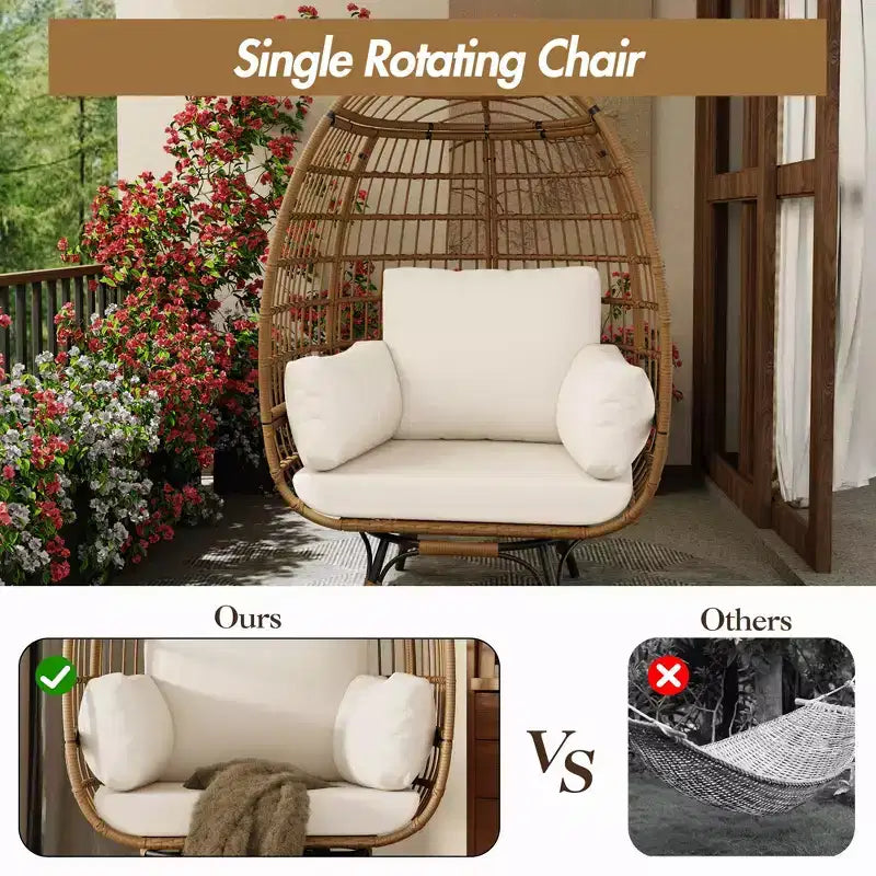 Poltrona a uovo girevole a 360° extra large - Poltrona lounge a forma di uovo in rattan girevole da esterno con struttura in acciaio e 4 cuscini per patio, soggiorno e altro ancora