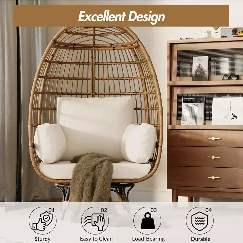 Poltrona a uovo girevole a 360° extra large - Poltrona lounge a forma di uovo in rattan girevole da esterno con struttura in acciaio e 4 cuscini per patio, soggiorno e altro ancora