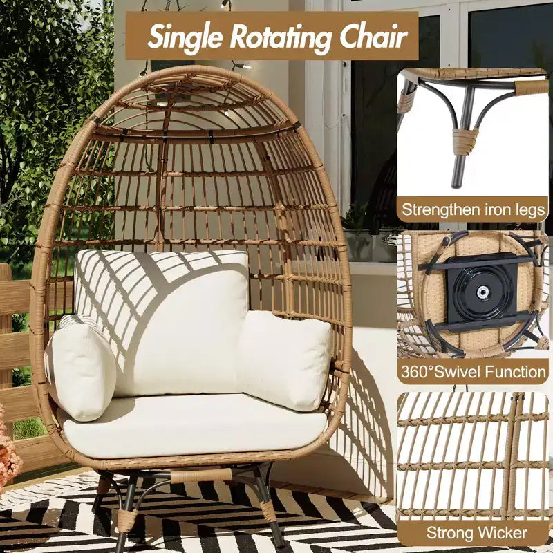 Poltrona a uovo girevole a 360° extra large - Poltrona lounge a forma di uovo in rattan girevole da esterno con struttura in acciaio e 4 cuscini per patio, soggiorno e altro ancora