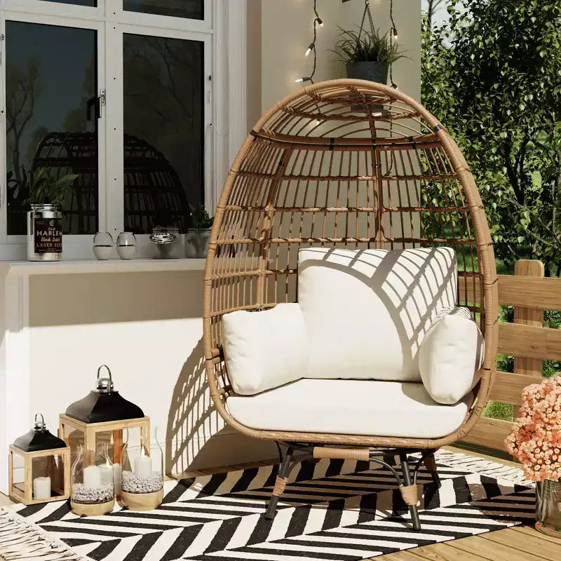 Poltrona a uovo girevole a 360° extra large - Poltrona lounge a forma di uovo in rattan girevole da esterno con struttura in acciaio e 4 cuscini per patio, soggiorno e altro ancora