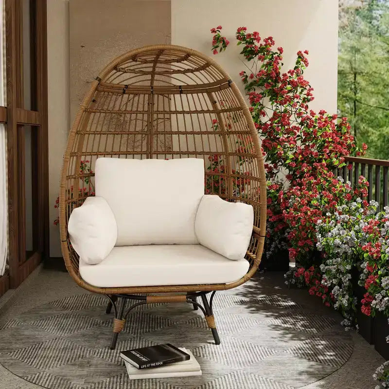 Poltrona a uovo girevole a 360° extra large - Poltrona lounge a forma di uovo in rattan girevole da esterno con struttura in acciaio e 4 cuscini per patio, soggiorno e altro ancora