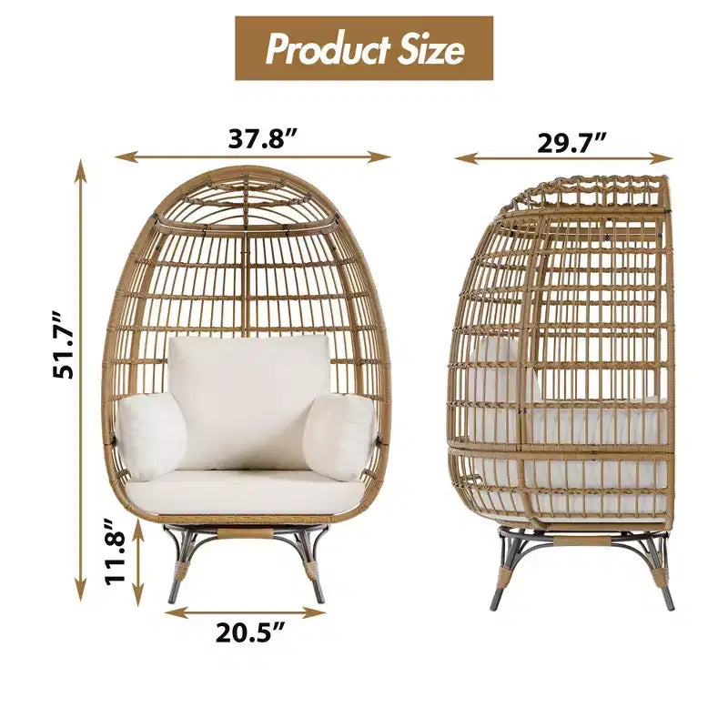 Poltrona a uovo girevole a 360° extra large - Poltrona lounge a forma di uovo in rattan girevole da esterno con struttura in acciaio e 4 cuscini per patio, soggiorno e altro ancora