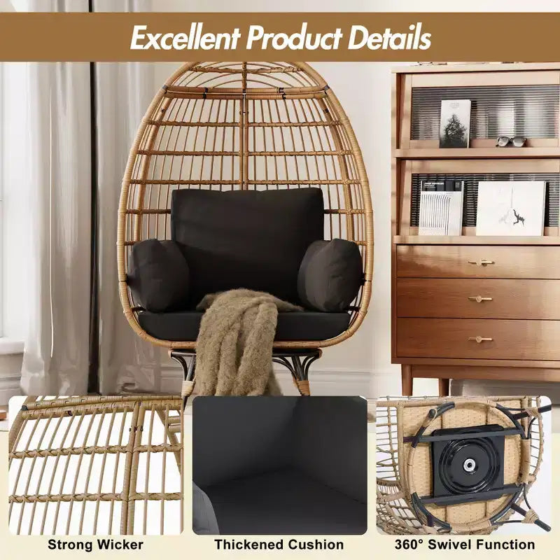 Poltrona a uovo girevole a 360° extra large - Poltrona lounge a forma di uovo in rattan girevole da esterno con struttura in acciaio e 4 cuscini per patio, soggiorno e altro ancora