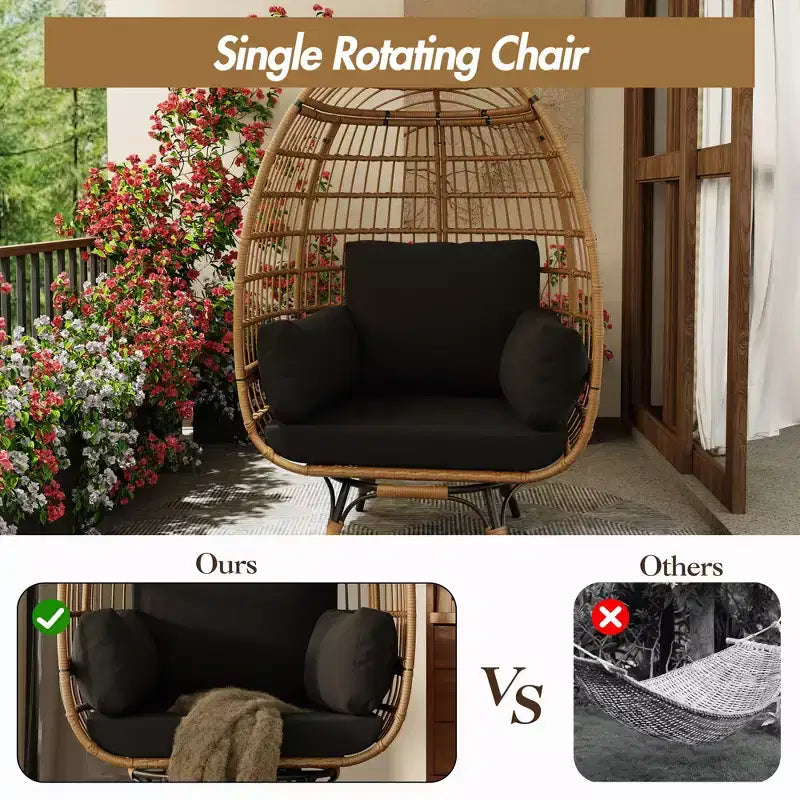 Poltrona a uovo girevole a 360° extra large - Poltrona lounge a forma di uovo in rattan girevole da esterno con struttura in acciaio e 4 cuscini per patio, soggiorno e altro ancora