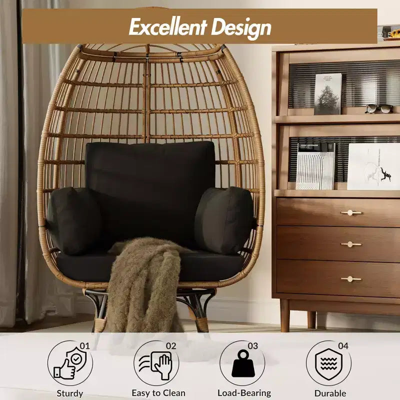 Poltrona a uovo girevole a 360° extra large - Poltrona lounge a forma di uovo in rattan girevole da esterno con struttura in acciaio e 4 cuscini per patio, soggiorno e altro ancora