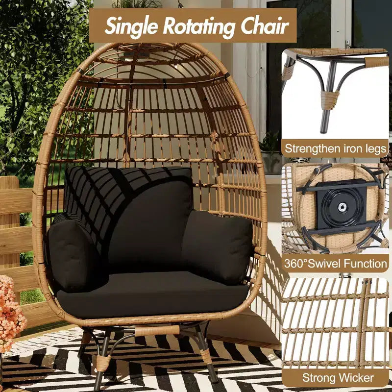 Poltrona a uovo girevole a 360° extra large - Poltrona lounge a forma di uovo in rattan girevole da esterno con struttura in acciaio e 4 cuscini per patio, soggiorno e altro ancora