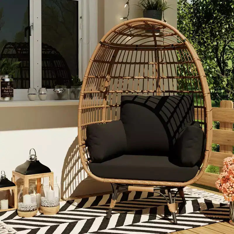 Poltrona a uovo girevole a 360° extra large - Poltrona lounge a forma di uovo in rattan girevole da esterno con struttura in acciaio e 4 cuscini per patio, soggiorno e altro ancora