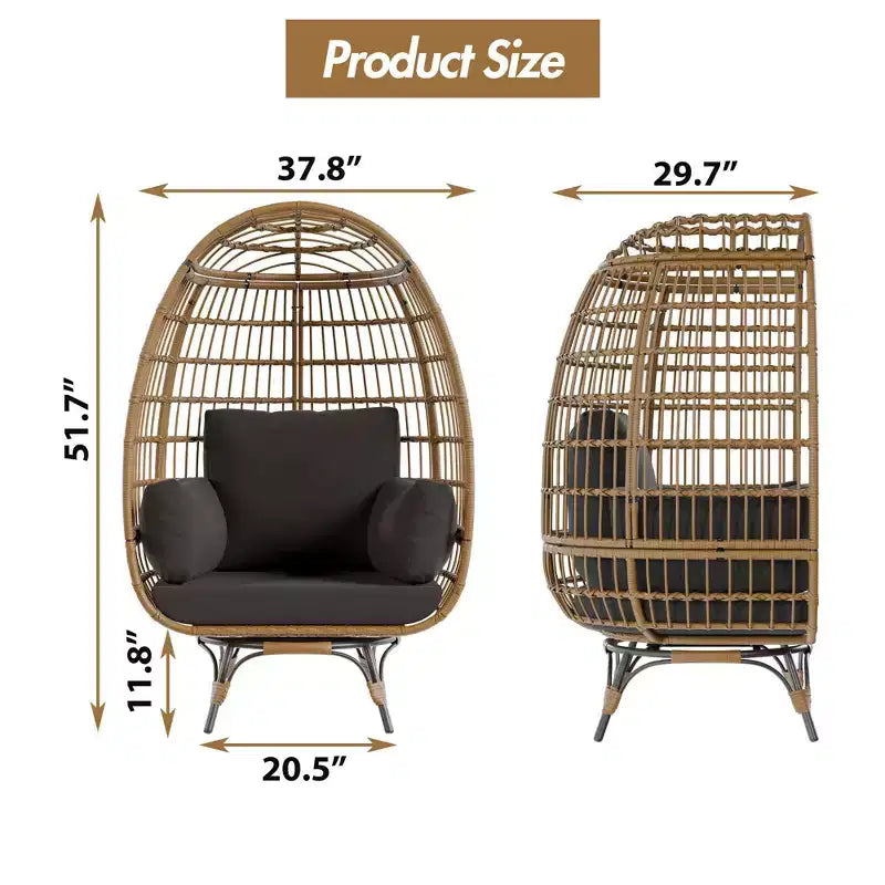 Poltrona a uovo girevole a 360° extra large - Poltrona lounge a forma di uovo in rattan girevole da esterno con struttura in acciaio e 4 cuscini per patio, soggiorno e altro ancora