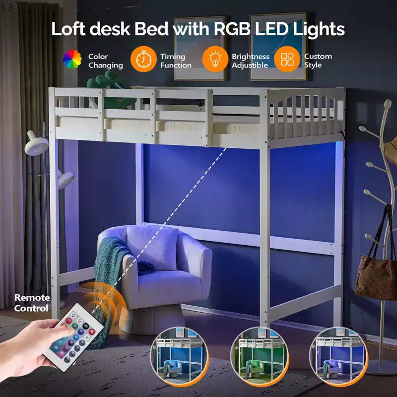 Letto a soppalco in legno massello, una piazza e mezza/matrimoniale, con stazione di ricarica USB/LED con pioli piatti, supporto a doghe in legno senza bisogno di molle