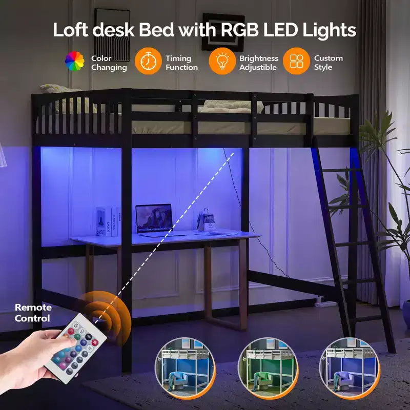 Letto a soppalco in legno massello, una piazza e mezza/matrimoniale, con stazione di ricarica USB/LED con pioli piatti, supporto a doghe in legno senza bisogno di molle