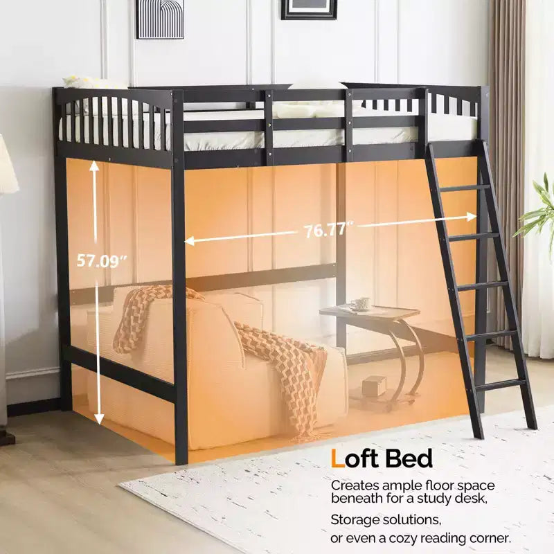 Letto a soppalco in legno massello, una piazza e mezza/matrimoniale, con stazione di ricarica USB/LED con pioli piatti, supporto a doghe in legno senza bisogno di molle