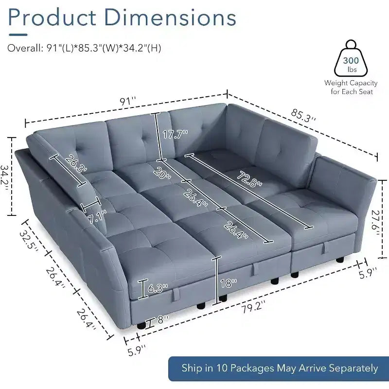 Divano modulare 91, divano Cloud con 9 sedute profonde, 9 sedute con contenitore e chaise longue, divano a U in velluto, per soggiorno, blu