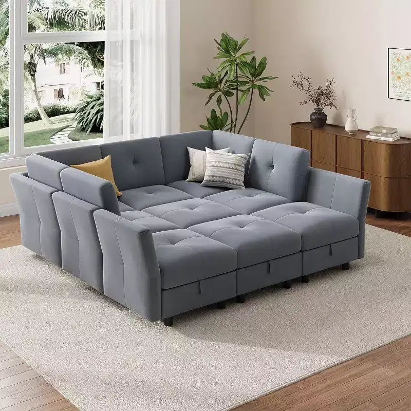 Divano modulare 91, divano Cloud con 9 sedute profonde, 9 sedute con contenitore e chaise longue, divano a U in velluto, per soggiorno, blu