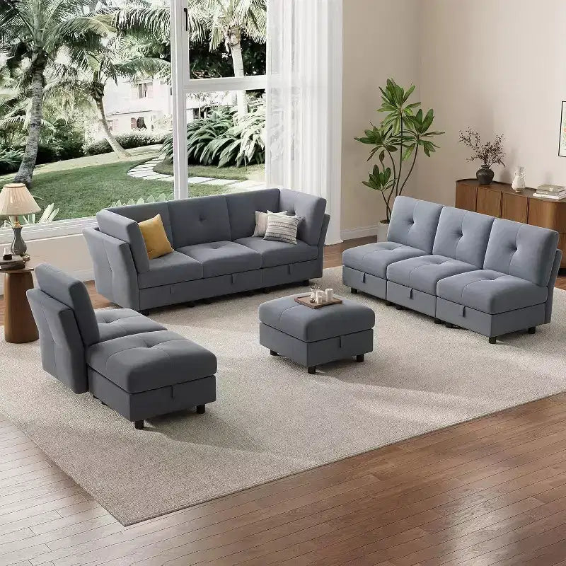 Divano modulare 91, divano Cloud con 9 sedute profonde, 9 sedute con contenitore e chaise longue, divano a U in velluto, per soggiorno, blu