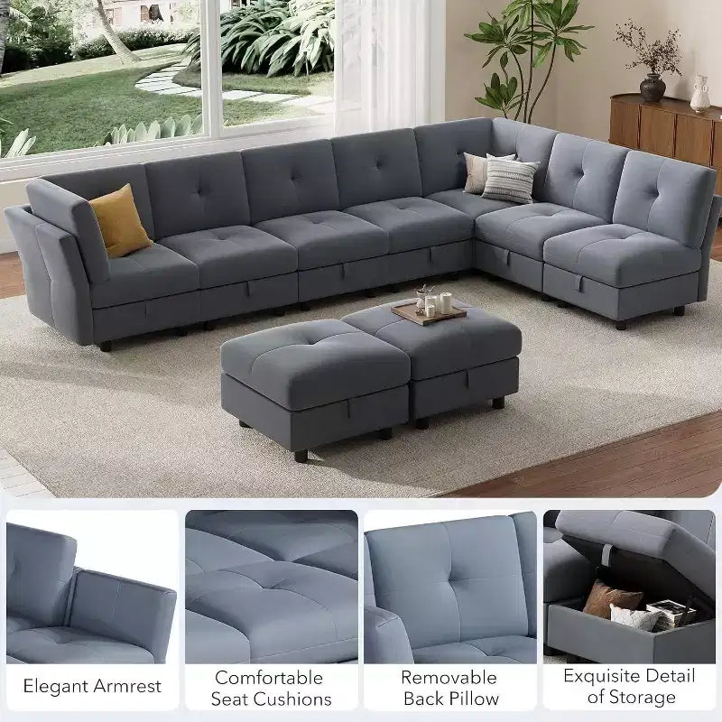Divano modulare 91, divano Cloud con 9 sedute profonde, 9 sedute con contenitore e chaise longue, divano a U in velluto, per soggiorno, blu