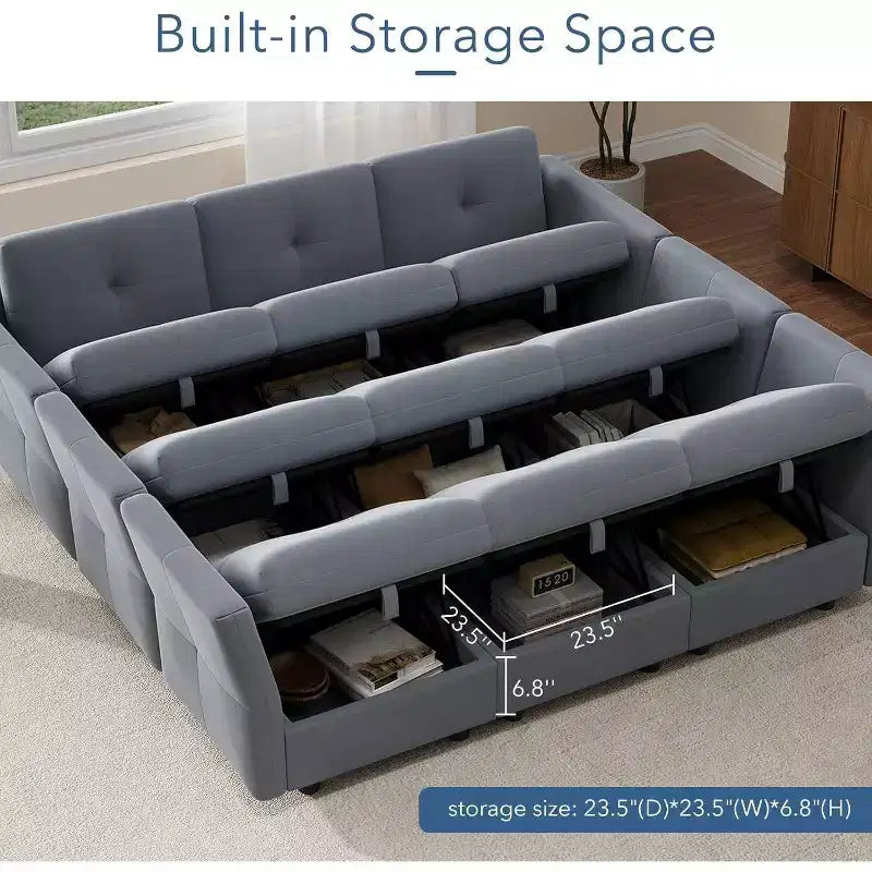Divano modulare 91, divano Cloud con 9 sedute profonde, 9 sedute con contenitore e chaise longue, divano a U in velluto, per soggiorno, blu