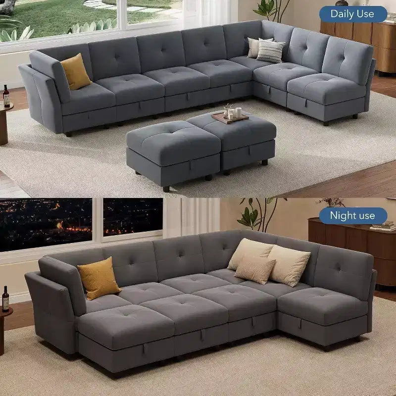 Divano modulare 91, divano Cloud con 9 sedute profonde, 9 sedute con contenitore e chaise longue, divano a U in velluto, per soggiorno, blu