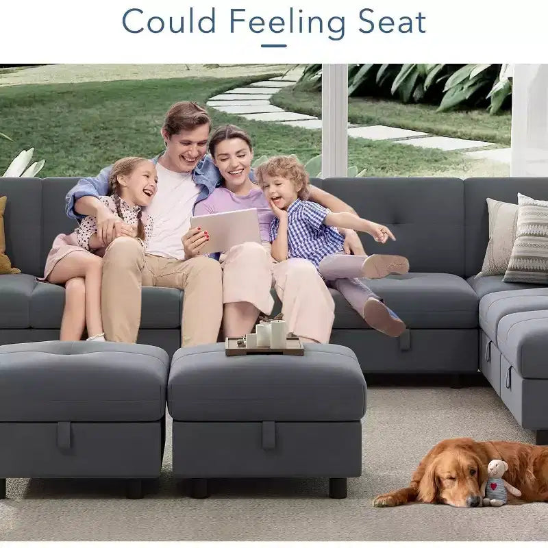 Divano modulare 91, divano Cloud con 9 sedute profonde, 9 sedute con contenitore e chaise longue, divano a U in velluto, per soggiorno, blu