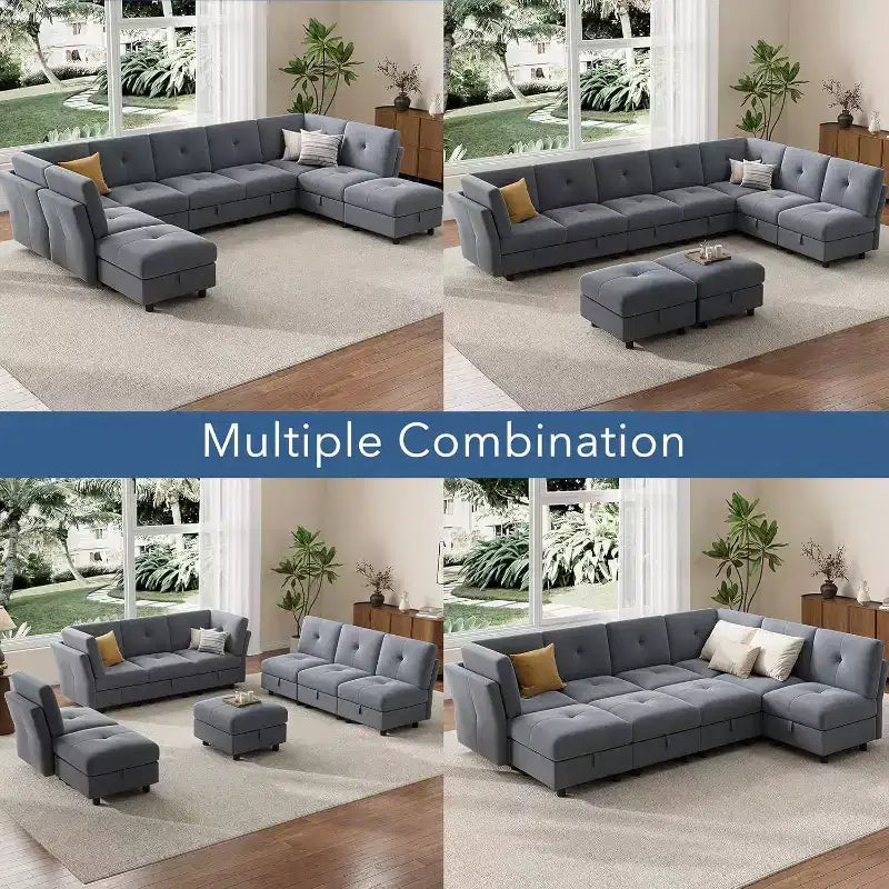 Divano modulare 91, divano Cloud con 9 sedute profonde, 9 sedute con contenitore e chaise longue, divano a U in velluto, per soggiorno, blu