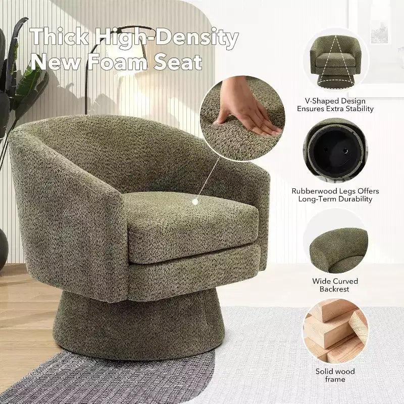 Poltrona Girevole 360Modern, Accogliente Tessuto Ciniglia, Poltrona Singola Rotonda con Braccioli, per Soggiorno