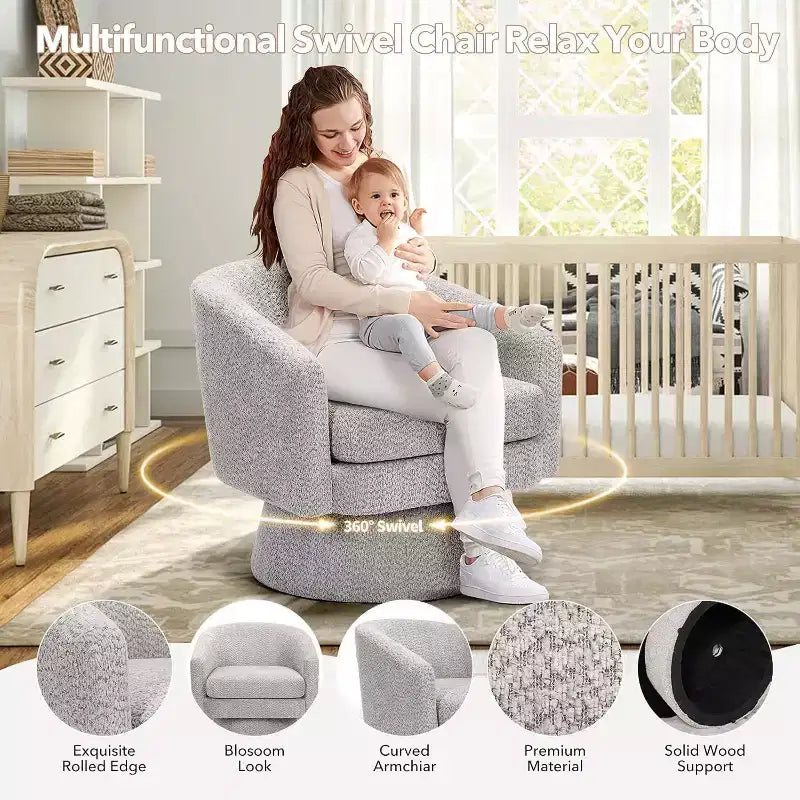Poltrona Girevole 360Modern, Accogliente Tessuto Ciniglia, Poltrona Singola Rotonda con Braccioli, per Soggiorno
