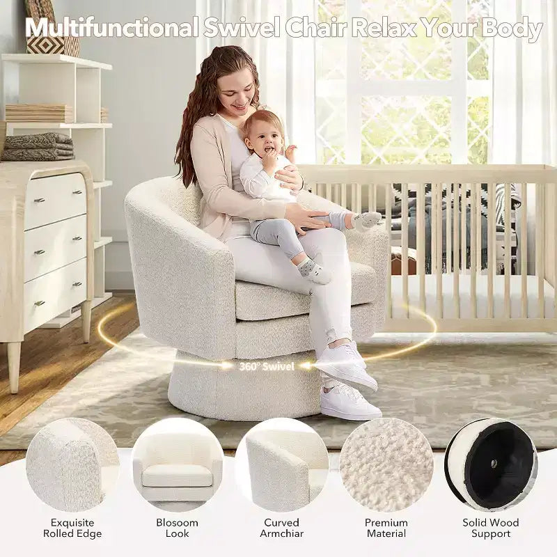 Poltrona Girevole 360Modern, Accogliente Tessuto Ciniglia, Poltrona Singola Rotonda con Braccioli, per Soggiorno