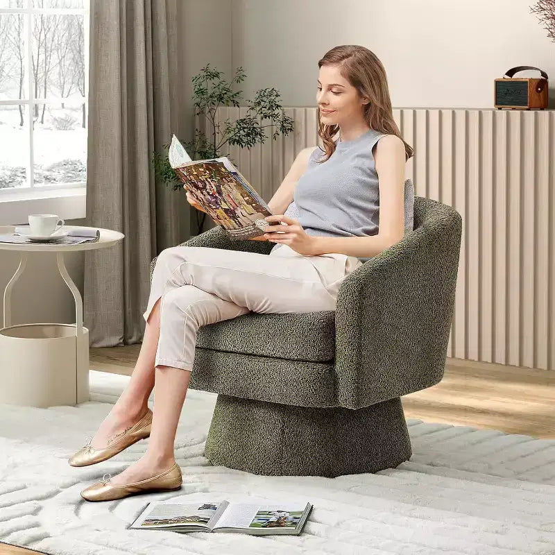 Poltrona Girevole 360Modern, Accogliente Tessuto Ciniglia, Poltrona Singola Rotonda con Braccioli, per Soggiorno