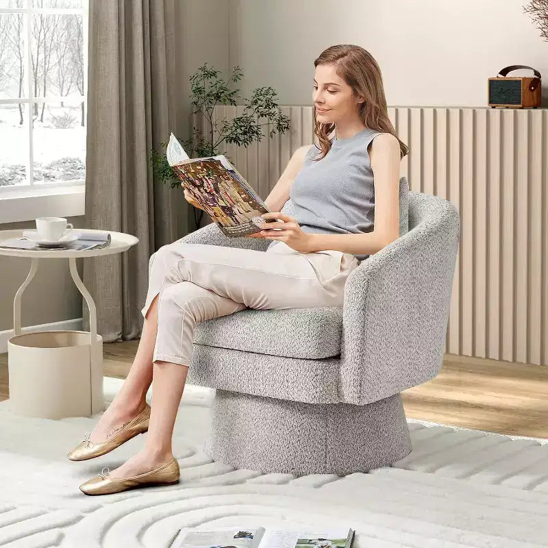 Poltrona Girevole 360Modern, Accogliente Tessuto Ciniglia, Poltrona Singola Rotonda con Braccioli, per Soggiorno