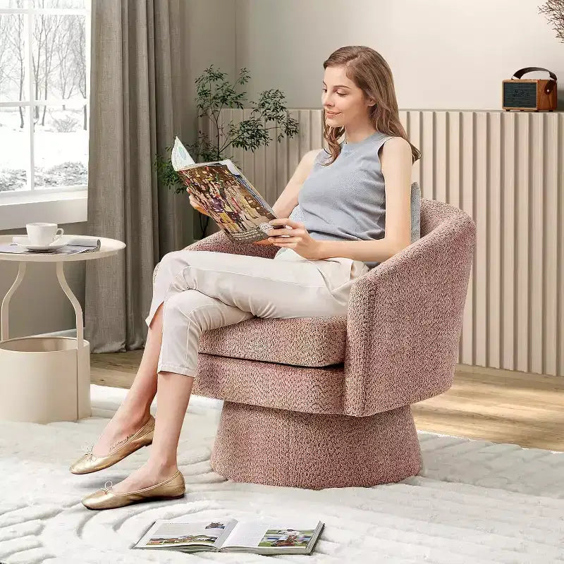 Poltrona Girevole 360Modern, Accogliente Tessuto Ciniglia, Poltrona Singola Rotonda con Braccioli, per Soggiorno