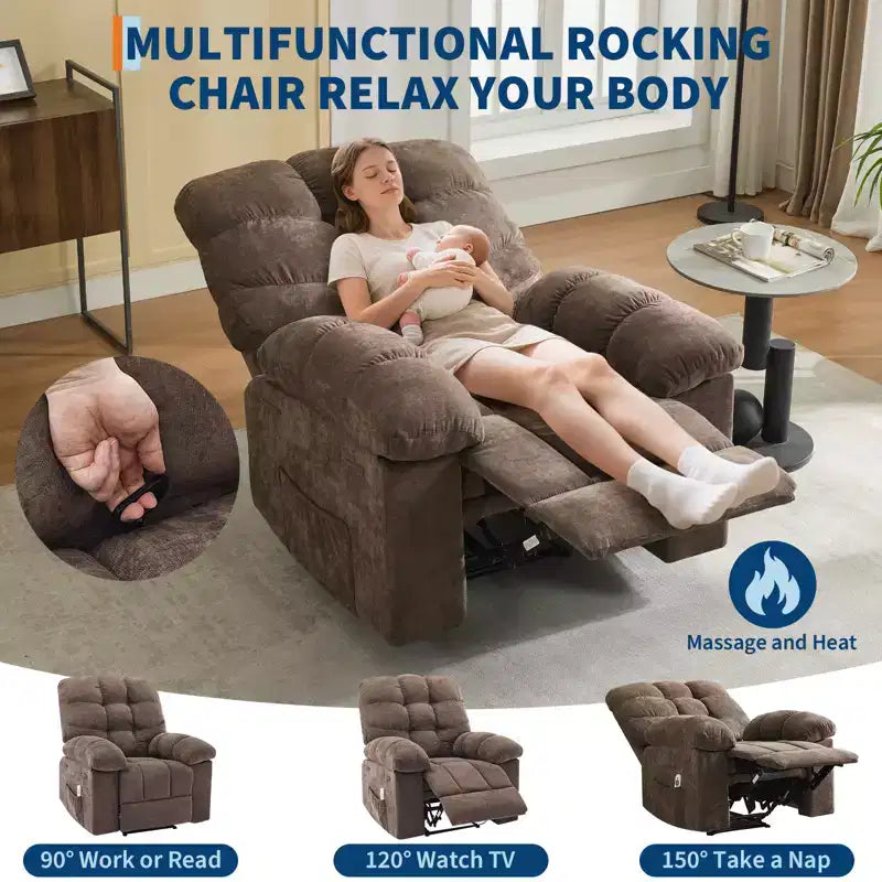 Poltrona Reclinabile a Dondolo con Funzione Massaggio e Riscaldamento, Tessuto Traspirante Ergonomico, 2 Tasche Laterali, per Soggiorno, Camera da Letto