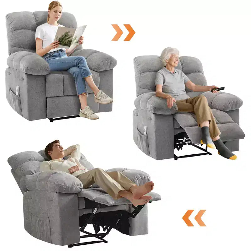 Poltrona Reclinabile a Dondolo con Funzione Massaggio e Riscaldamento, Tessuto Traspirante Ergonomico, 2 Tasche Laterali, per Soggiorno, Camera da Letto
