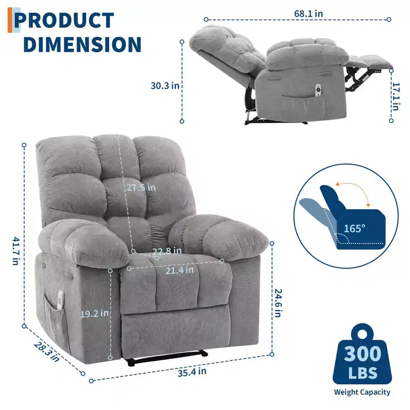 Poltrona Reclinabile a Dondolo con Funzione Massaggio e Riscaldamento, Tessuto Traspirante Ergonomico, 2 Tasche Laterali, per Soggiorno, Camera da Letto