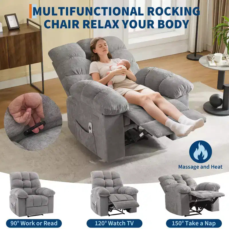Poltrona Reclinabile a Dondolo con Funzione Massaggio e Riscaldamento, Tessuto Traspirante Ergonomico, 2 Tasche Laterali, per Soggiorno, Camera da Letto