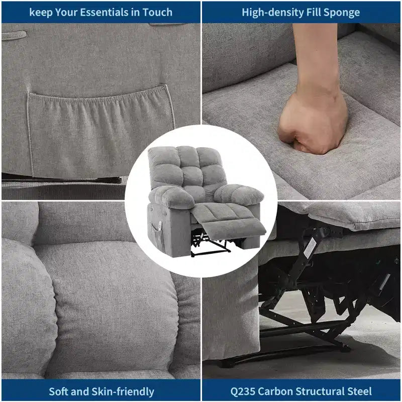 Poltrona Reclinabile a Dondolo con Funzione Massaggio e Riscaldamento, Tessuto Traspirante Ergonomico, 2 Tasche Laterali, per Soggiorno, Camera da Letto