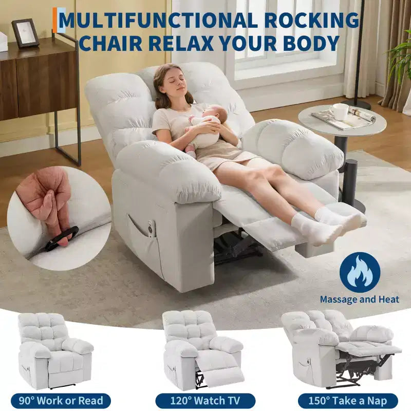 Poltrona Reclinabile a Dondolo con Funzione Massaggio e Riscaldamento, Tessuto Traspirante Ergonomico, 2 Tasche Laterali, per Soggiorno, Camera da Letto
