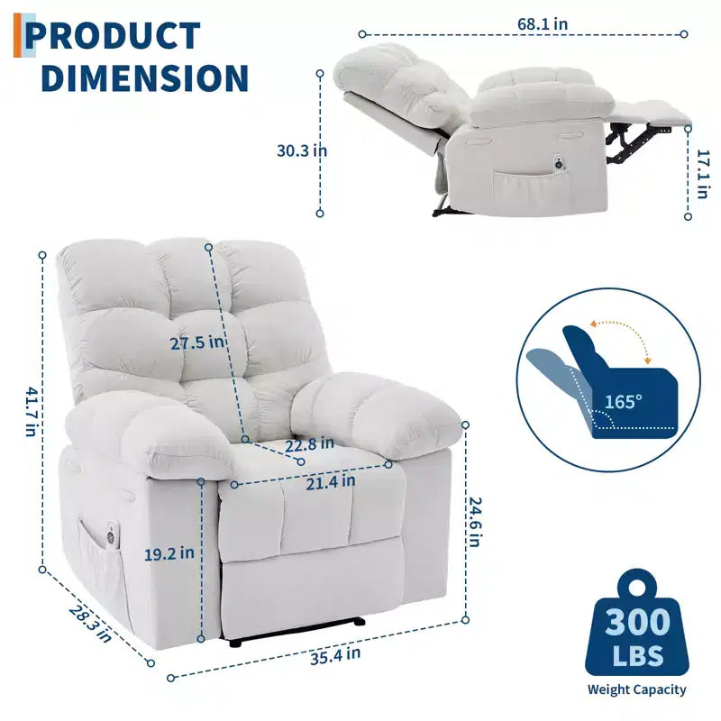 Poltrona Reclinabile a Dondolo con Funzione Massaggio e Riscaldamento, Tessuto Traspirante Ergonomico, 2 Tasche Laterali, per Soggiorno, Camera da Letto